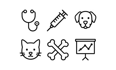 Linear veterinary icons: stethoscope, syringe, pets, bones, and chart