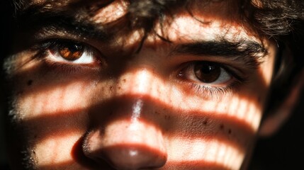 Naklejka premium An intimate detailed close up capturing the delicate contours and expressive features of a human face dramatically illuminated with a significant intriguing shadow obscuring part of the visage.