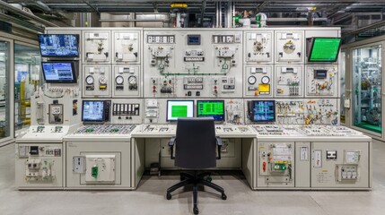 Modern Industrial Control Room with Monitors and Control Panels for Automation and Process Management
