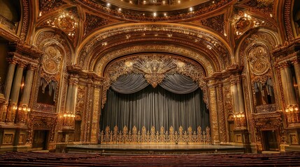 Stunning vintage theater interior with ornate details and lavish decorations, showcasing an empty stage ready for performance