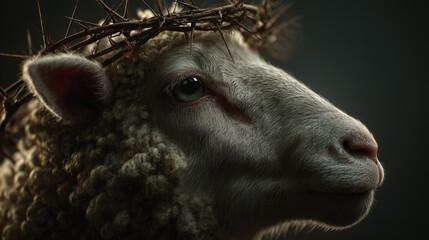 Fototapeta premium Lamb with Crown: A serene lamb, adorned with a thorny crown, its gentle gaze conveying a message of peace, faith, and sacrifice.