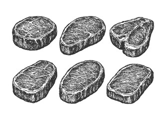 Detailed vintage black-and-white sketch of raw steak cuts.