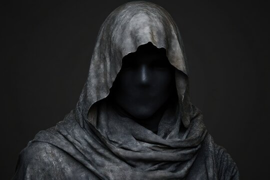 Mysterious figure with a black faceless head covered by a textured gray hooded cloak, evoking a dark and enigmatic atmosphere