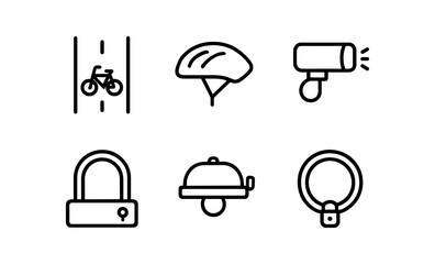 Simple bicycle gear icons: helmet, lock, light, bell, lane marking