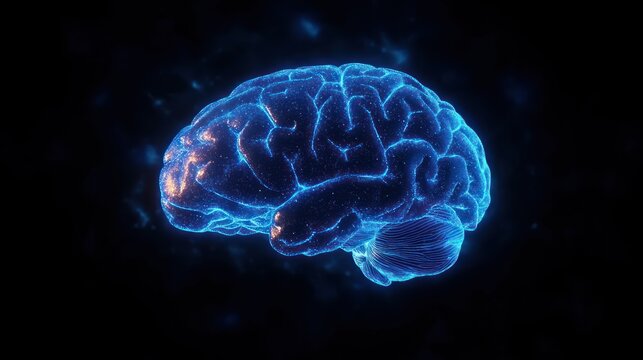 Glowing digital blue human brain illustration with neural network connections and highlighted active areas on dark background - Powered by Adobe