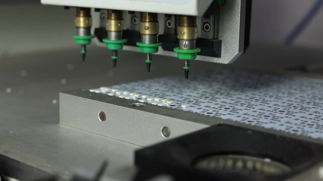 Close up shot of a robot machine making chips of led lights