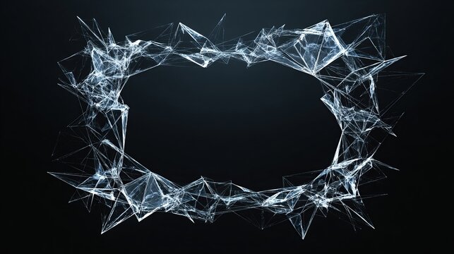 Abstract rectangular frame composed of interconnected glowing, translucent, geometric shapes on a dark background; creates a sense of energy and dynamism