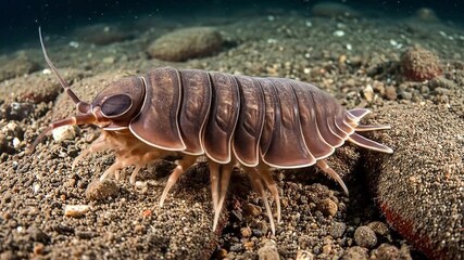 Detail view of giant isopod crawling on ocean bed