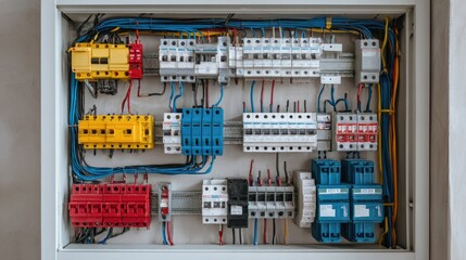 Electrical circuit distribution board with wires and breakers in a modern building installation