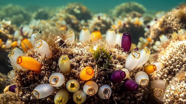 Detail view of sea squirt colony on rocks