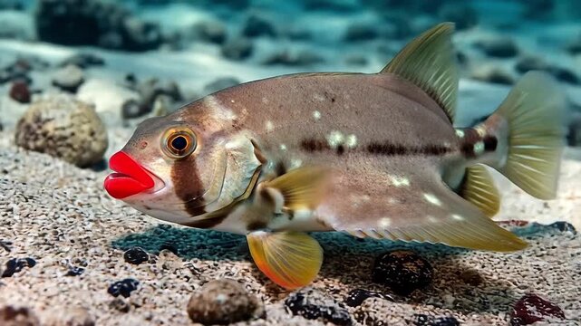 Detail of red-lipped batfish crawling on seafloor