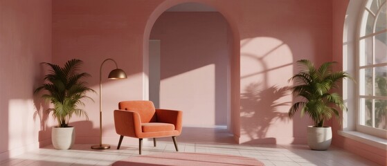 Minimalist Pink Room with Orange Armchair and Potted Plants