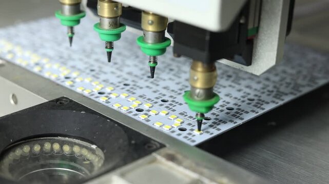 Close up shot of a robot machine making chips of led lights