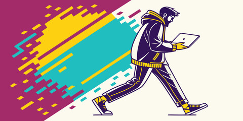 Dynamic Young Man Walking With Laptop Amidst Colorful Abstract Motion Graphics