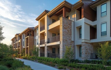 Modern apartment complex with stone facades and balconies along a landscaped walkway during sunset