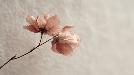 Close-up of a single wilted flower on textured paper with muted pastel background