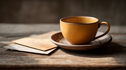 Empty tea cup on a saucer beside an old letter on wooden table lit by morning light