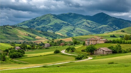 Scenic rolling hills landscape with dramatic sky and rustic houses in tranquil countryside setting
