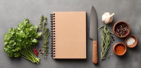 culinary school background with chef knife, fresh vegetables