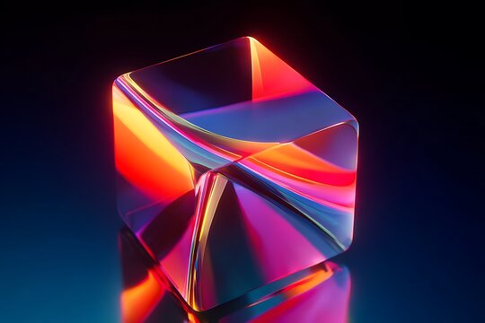a 3D rendering of a crystal or glass object with a holographic effect, resembling a pentagonal prism or cube