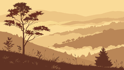 Beautiful mountain landscape vector art with trees and fog nature scenery for background and wallpaper design