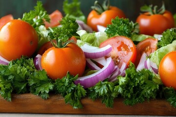 Fresh vibrant salad with whole and sliced tomatoes, purple onion rings, leafy parsley, and lettuce on a wooden surface