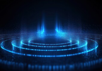 Glowing blue digital rings forming concentric circles with vertical light streams in a dark space, evoking a futuristic and high-tech atmosphere