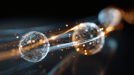Abstract glowing spheres connected by light trails representing data transfer or network connections
