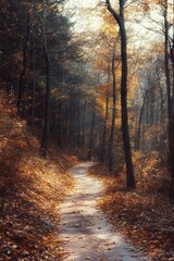 Obraz premium Winding forest path covered with fallen autumn leaves surrounded by tall trees with golden foliage in soft, warm light