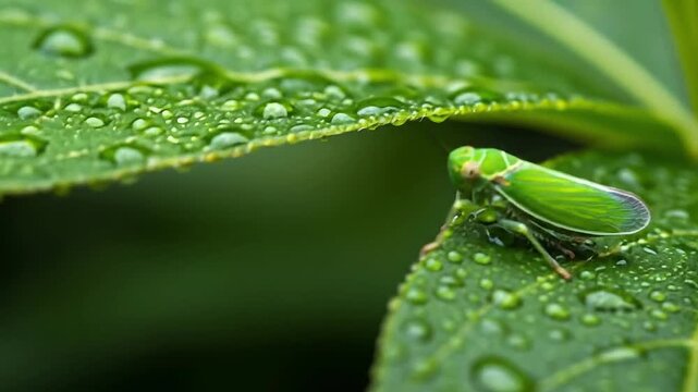 Green leafhopper resting on moist foliage