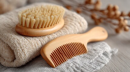 Wooden Comb and Brush on Towels Still Life Arrangement