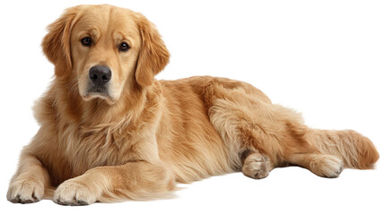 A purebred Golden Retriever with long golden fur lying down with a calm and attentive expression.