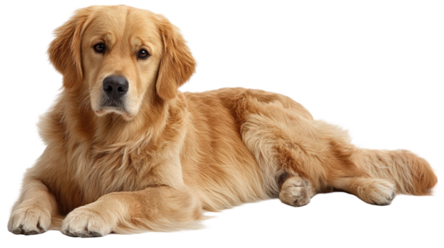 A purebred Golden Retriever with long golden fur lying down with a calm and attentive expression.