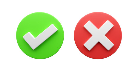 Realistic right and wrong answer 3D icon. Correct and incorrect icons with check mark, Yes No signs. 3D glass accept and rejection. Green and red checkbox mistake Graphic illustration icon set.