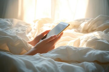 Hands holding smartphone while lying on a soft, rumpled white bedspread with warm sunlight streaming through sheer curtains