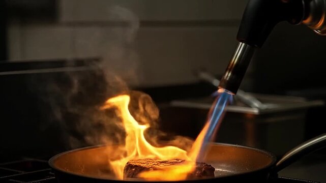 High-angle blowtorch swirl over pan, smoke wisps, rich amber light, soft-focus steak form near lens, crisp highlights, deep shadows