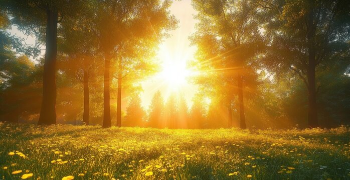 Bright sunlight shining through tall trees in a forest with a grassy meadow covered in small yellow flowers during golden hour