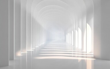 Obraz premium A bright minimalistic white corridor with repetitive curved arches casting long shadows and soft natural light creating a serene and infinite perspective