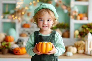 Fototapeta premium Adorable Little Boy in Pumpkin Costume Holding Trick-or-Treat Bucket, Pastel Halloween Background