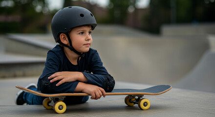 A young boy in a helmet and pads lies on his skateboard, looking into the distance with a contemplative expression at a skate park