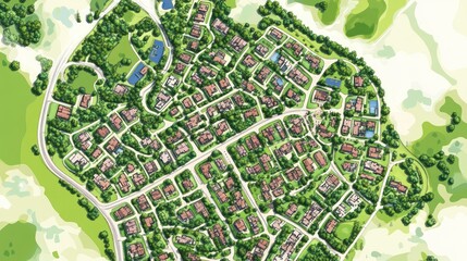 Obraz premium Aerial view of a luxury residential community nestled in a green hillside, showcasing homes, pools, and landscaping.