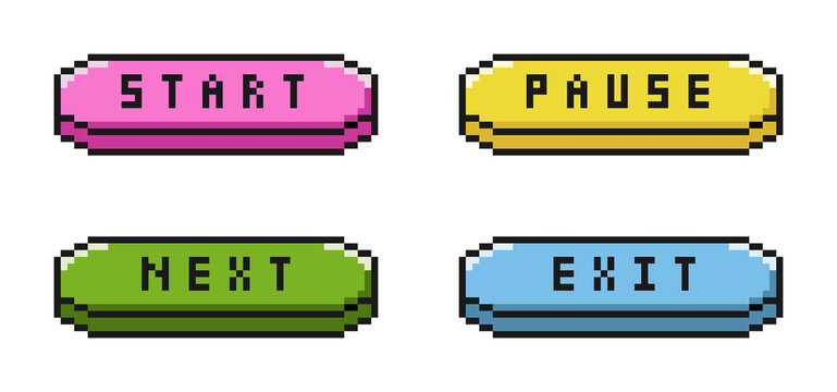 8-bit pixel art set of colorful game button