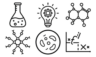 Science and Laboratory Line Icons Chemistry, Physics, Biology, Space, Robotics, Data, and Medical Vector Icon Set for Education, Research, and STEM Projects
