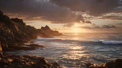 Obraz premium Dramatic coastal sunset over rocky shoreline. AI image
