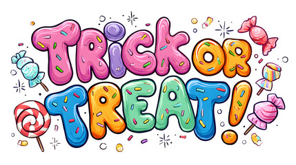 Colorful “Trick or Treat” candy-themed text art, playful and festive, perfect for Halloween party decor or invitations.