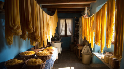 Traditional Pasta Drying Room With Hanging Macaroni