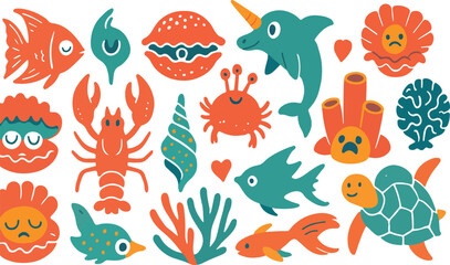 Marine life print set, vector ocean animals graphic, summer beach coastal hand drawn nature shape. Underwater animal silhouette doodle water nautical stamp, fish, shell, crab, conch. Marine print icon