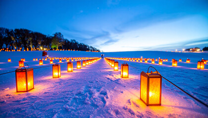 Firefly glowing paper lanterns tethered in perfect line over snowy plain at blue hour so warmly illuminate cold winter landscape with magical ambiance