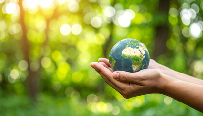Hands holding small Earth globe with visible continents, symbolizing care for planet and environmental protection in bright natural background with sunlight