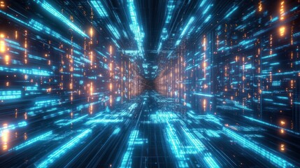 Futuristic digital corridor illuminated by glowing blue and orange light panels, creating a sense of depth and motion in a high-tech virtual environment